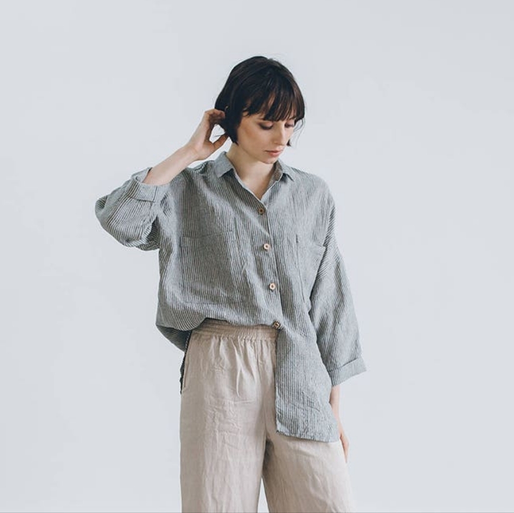 Linenfox Kay Shirt Natural Grey Stripes XS